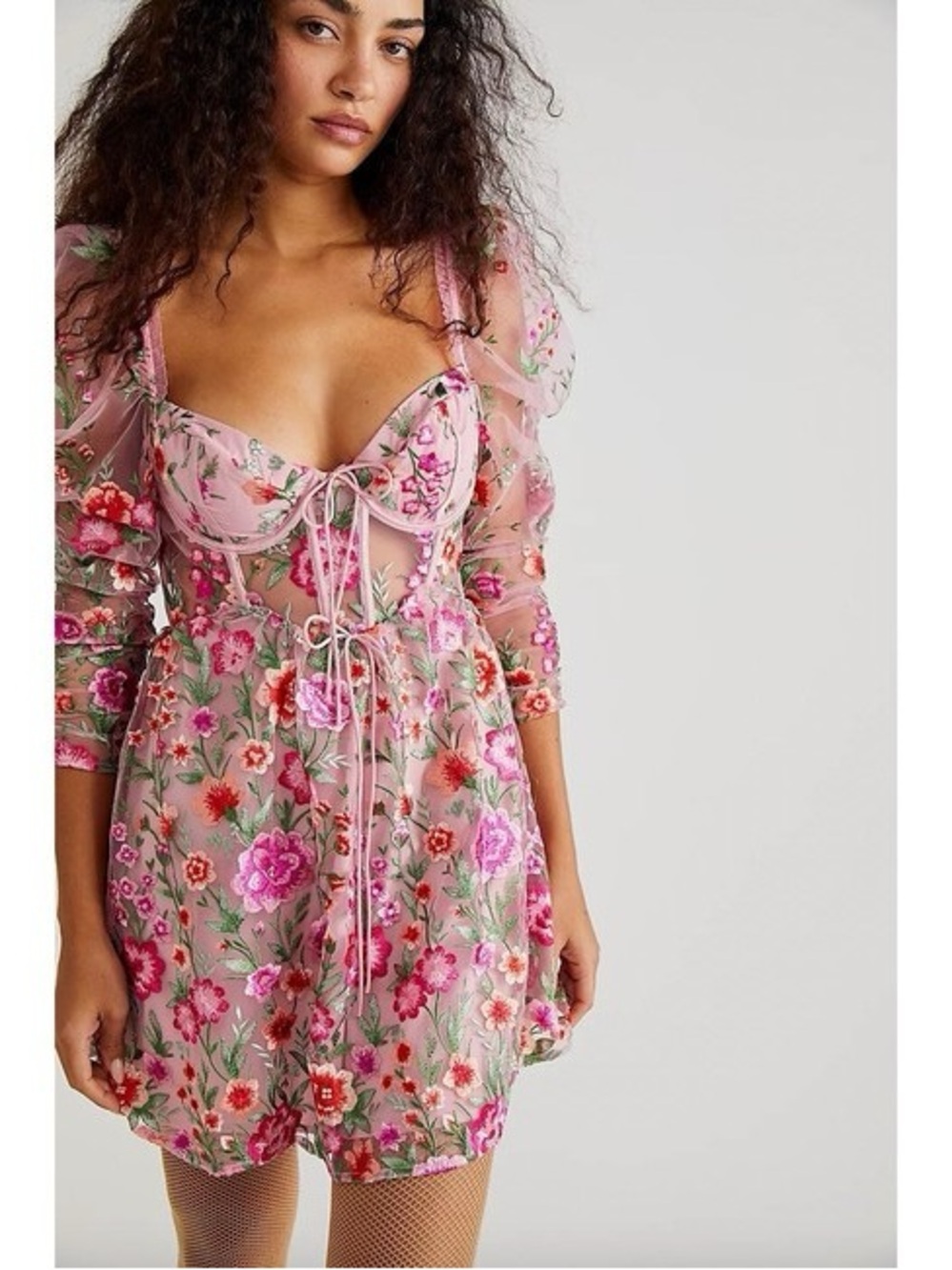 For Love & Lemons Pink Floral Embroidered Mini Dress